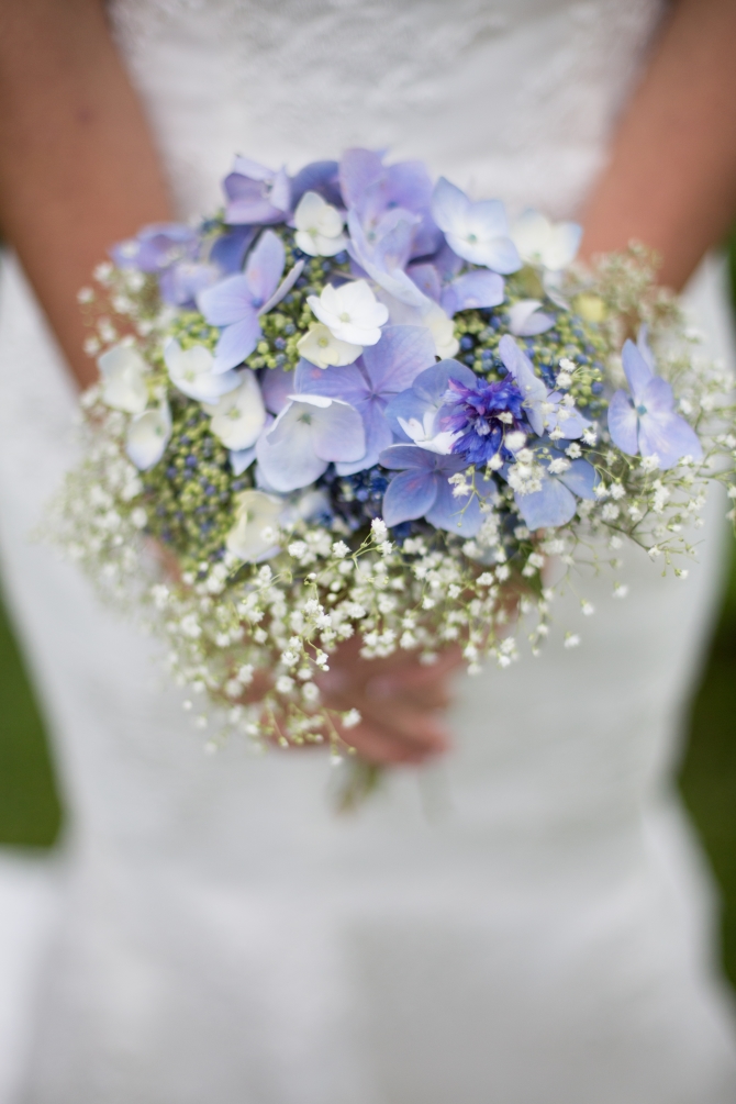 blue white baby bouquet wedding